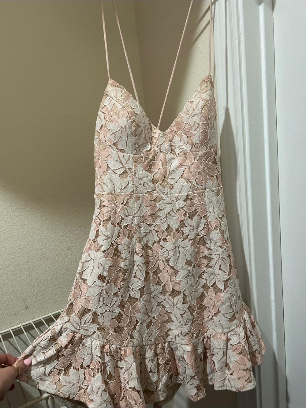 Hello Molly Blush and Ivory Floral Lace Ruffled Mini Dress